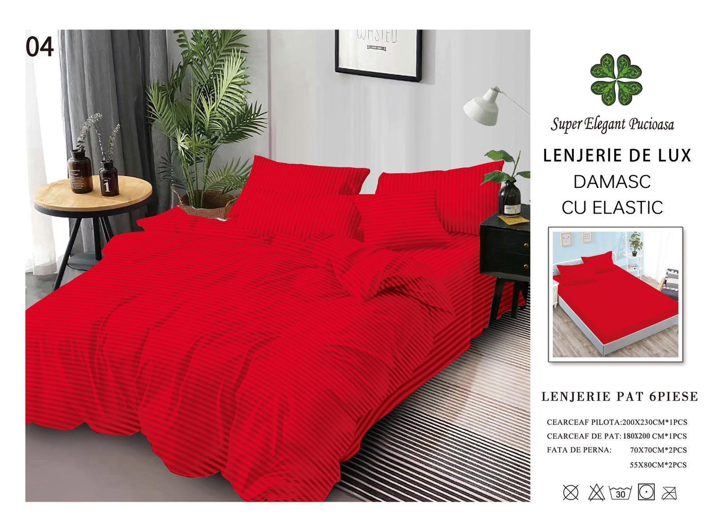 Lenjerie Damasc Premium 100% Bumbac – 6 Piese cu Cearceaf Elastic 180x200 cm