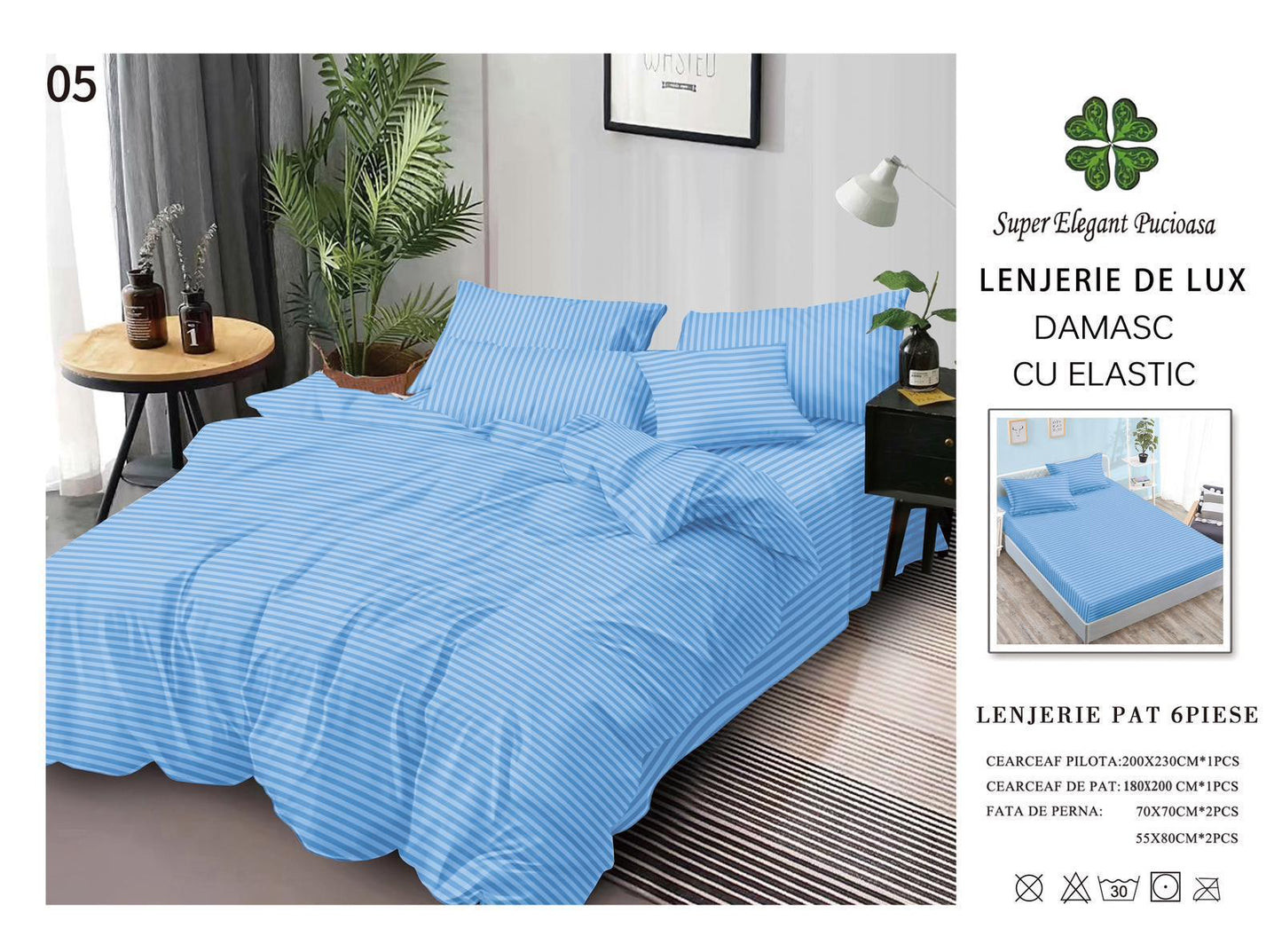 Lenjerie Pat Dublu din Bumbac Damasc 100%, 6 Piese