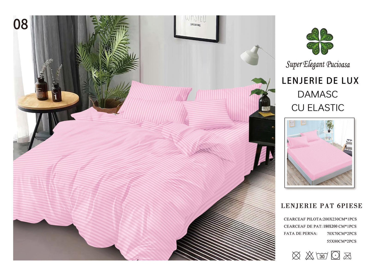 Lenjerie Pat Dublu din Bumbac Damasc 100%, 6 Piese