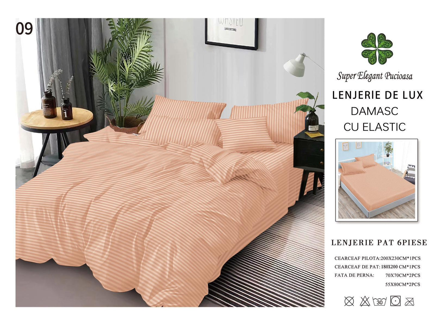 Lenjerie Pat Dublu din Bumbac Damasc 100%, 6 Piese