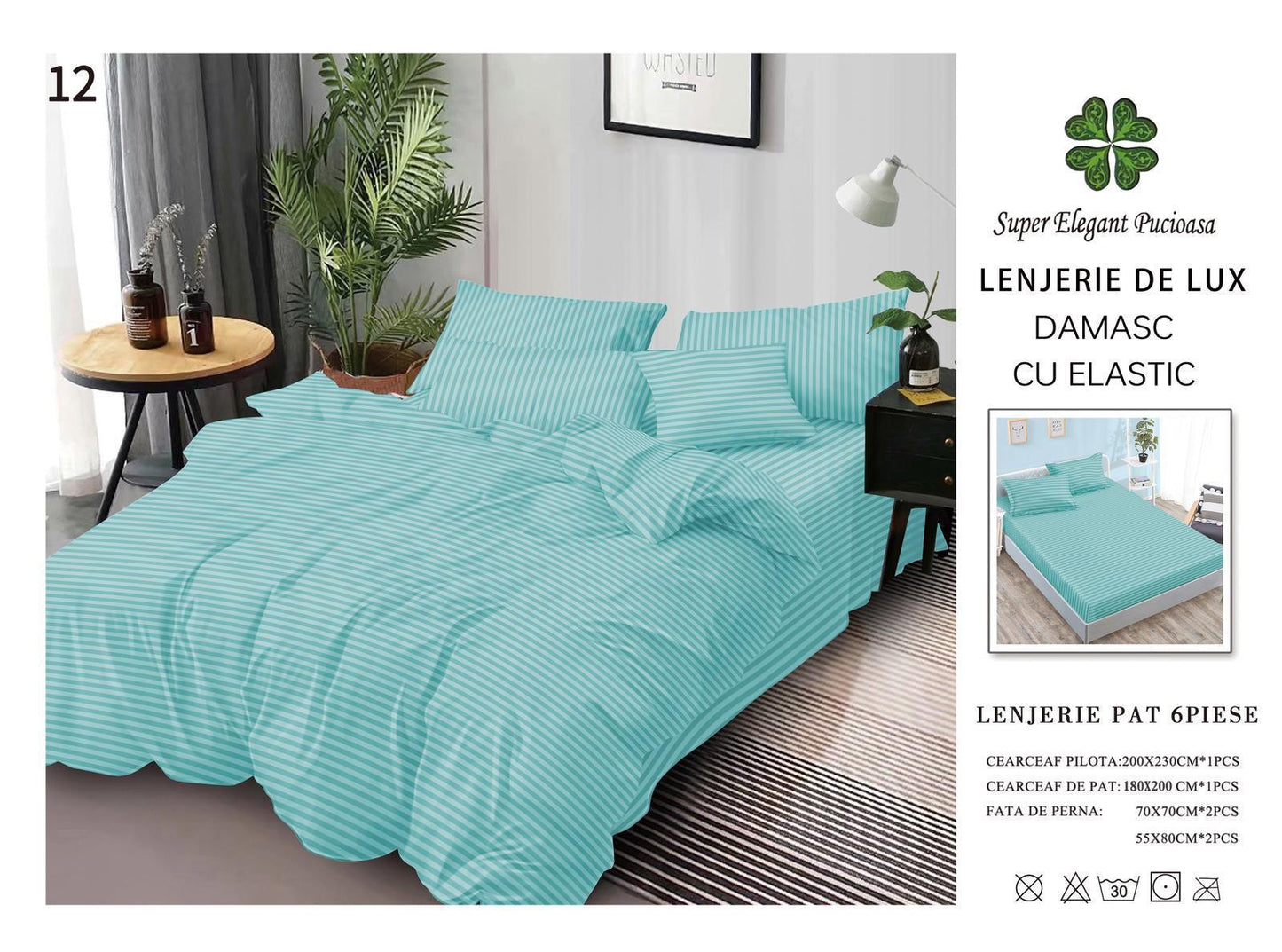 Lenjerie Pat Dublu din Bumbac Damasc 100%, 6 Piese