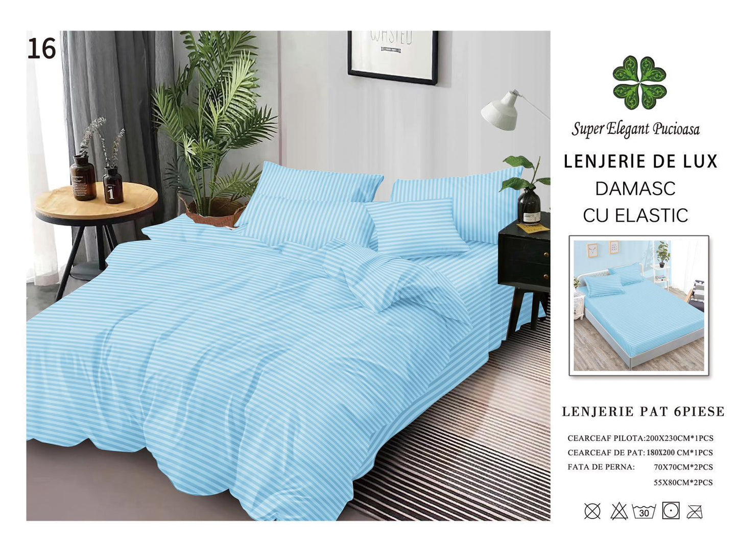 Lenjerie Pat Dublu din Bumbac Damasc 100%, 6 Piese