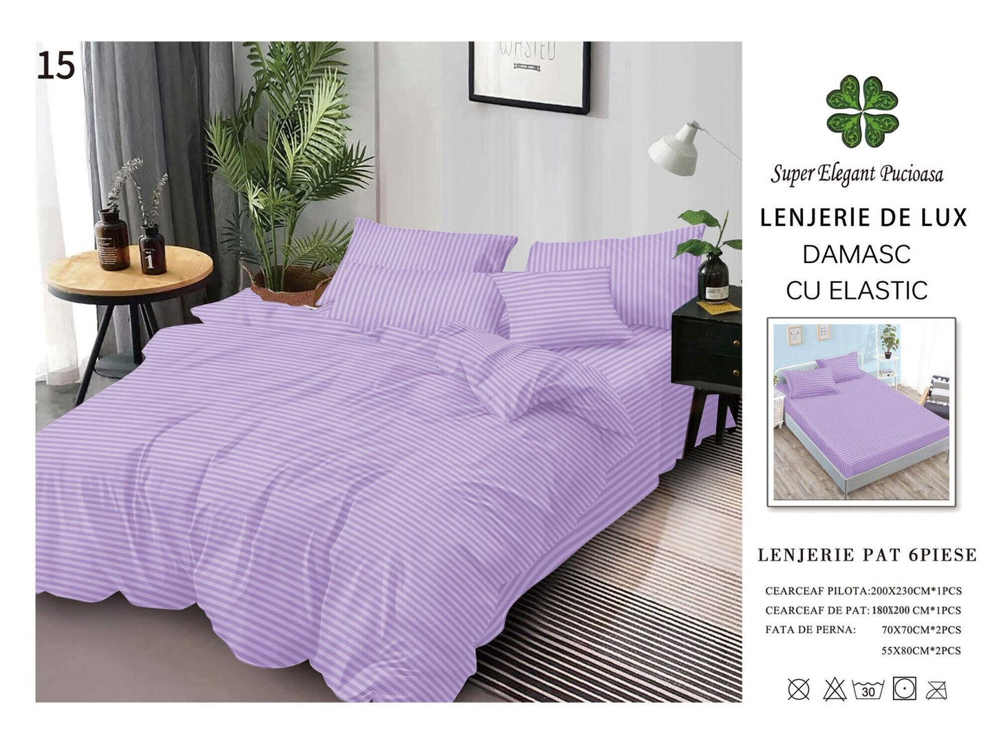 Lenjerie Pat Dublu din Bumbac Damasc 100%, 6 Piese