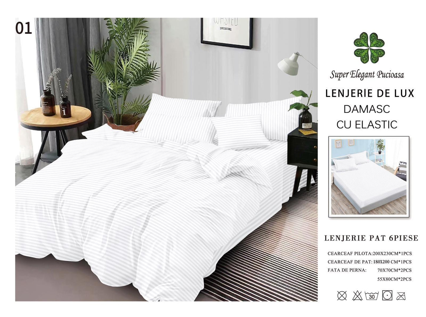 Lenjerie Pat Dublu din Bumbac Damasc 100%, 6 Piese